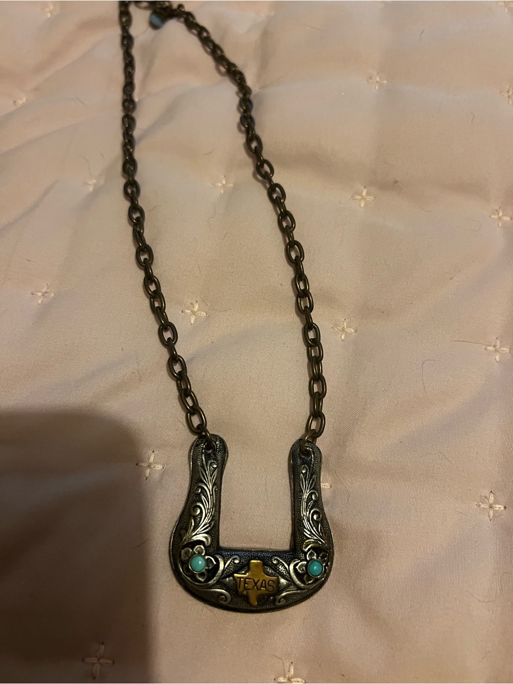 Texas Horseshoe Pendant Necklace in Antique Gold with Turquoise Accents